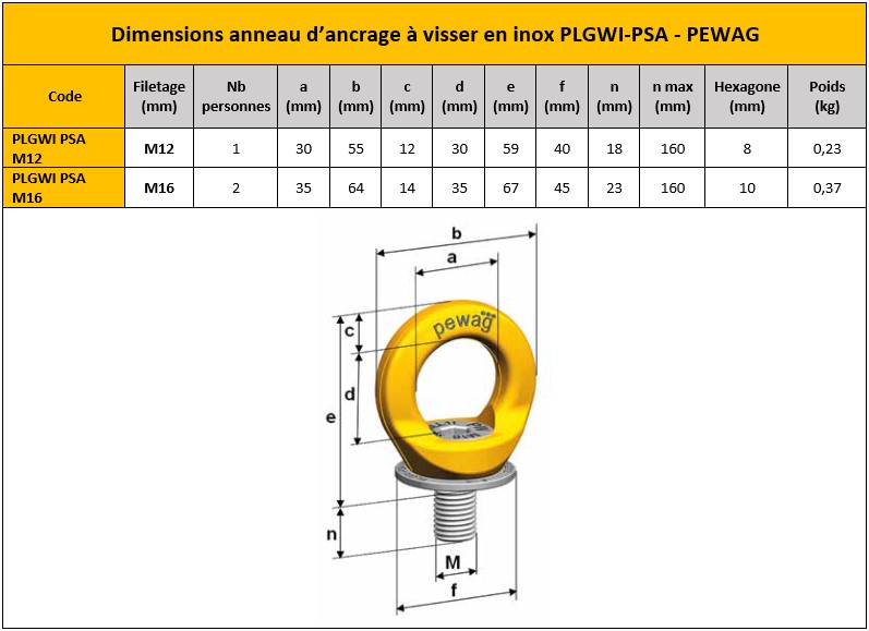 Dimensions anneau d'ancrage antichute PLGWI PSA Pewag