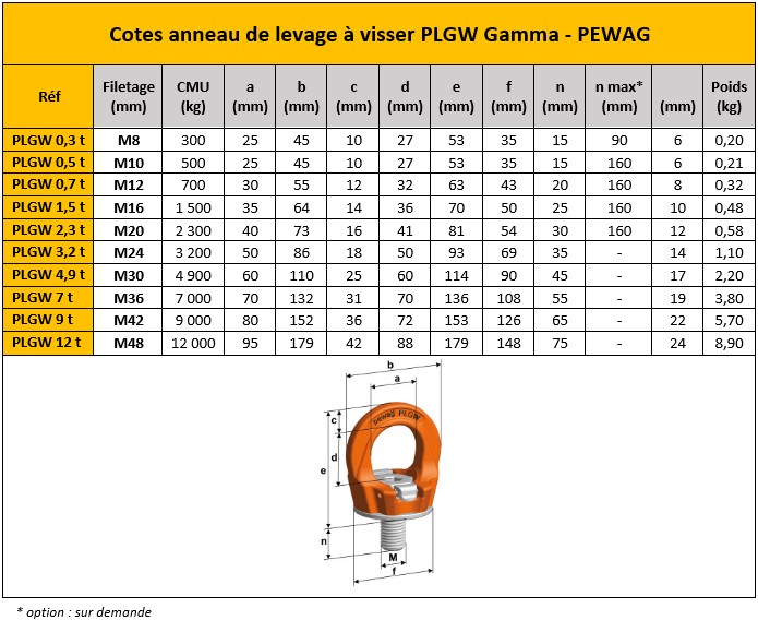 Spécifications techniques anneau de levage à visser PLGW Pewag